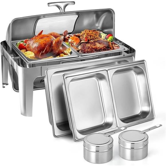 Roll Top Chafing Dish Buffet Set, 9 QT Visible Stainless Steel